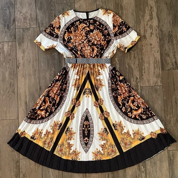Womens Loose Casual Dress Printed Long Sleeve Dress England Pleated | Color: Cream/Tan | Size: L | Pm-58276989'S Closet